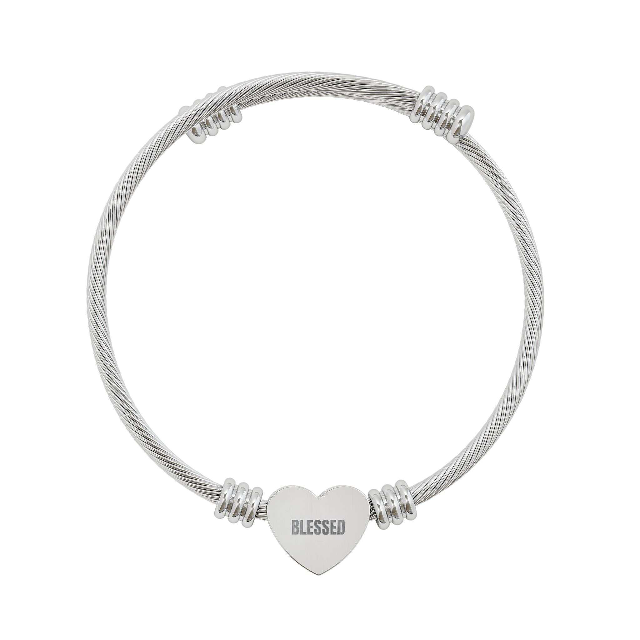 Silver engravable heart cuff bracelet with "Blessed" inscription