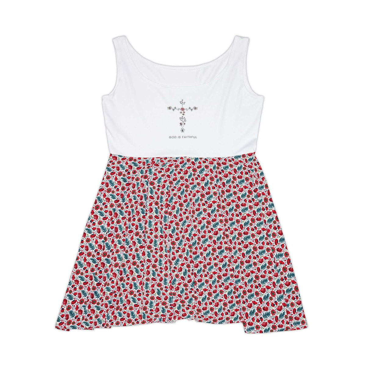 Sleeveless skater dress with "God Is Faithful" cross design
