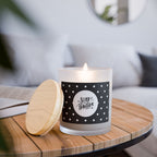 Stay Positive glass candle with wooden wick in frosted vessel and maple lid on wooden surface