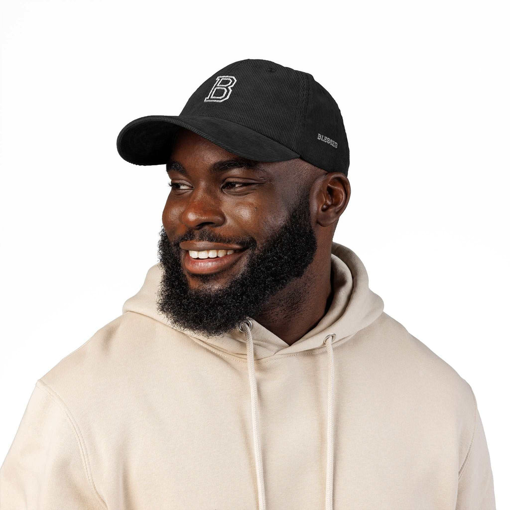 Stylish Blessed B Cap with embroidered B, adjustable strap, and cotton corduroy material