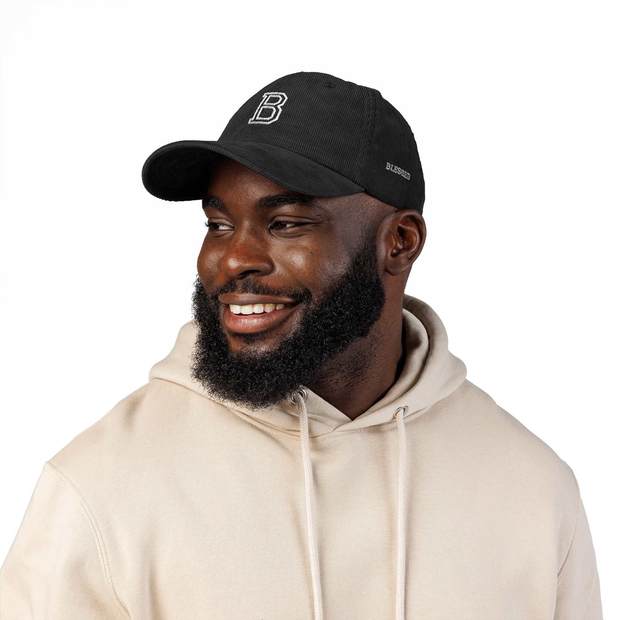 Stylish Blessed B Cap with embroidered B, adjustable strap, and cotton corduroy material