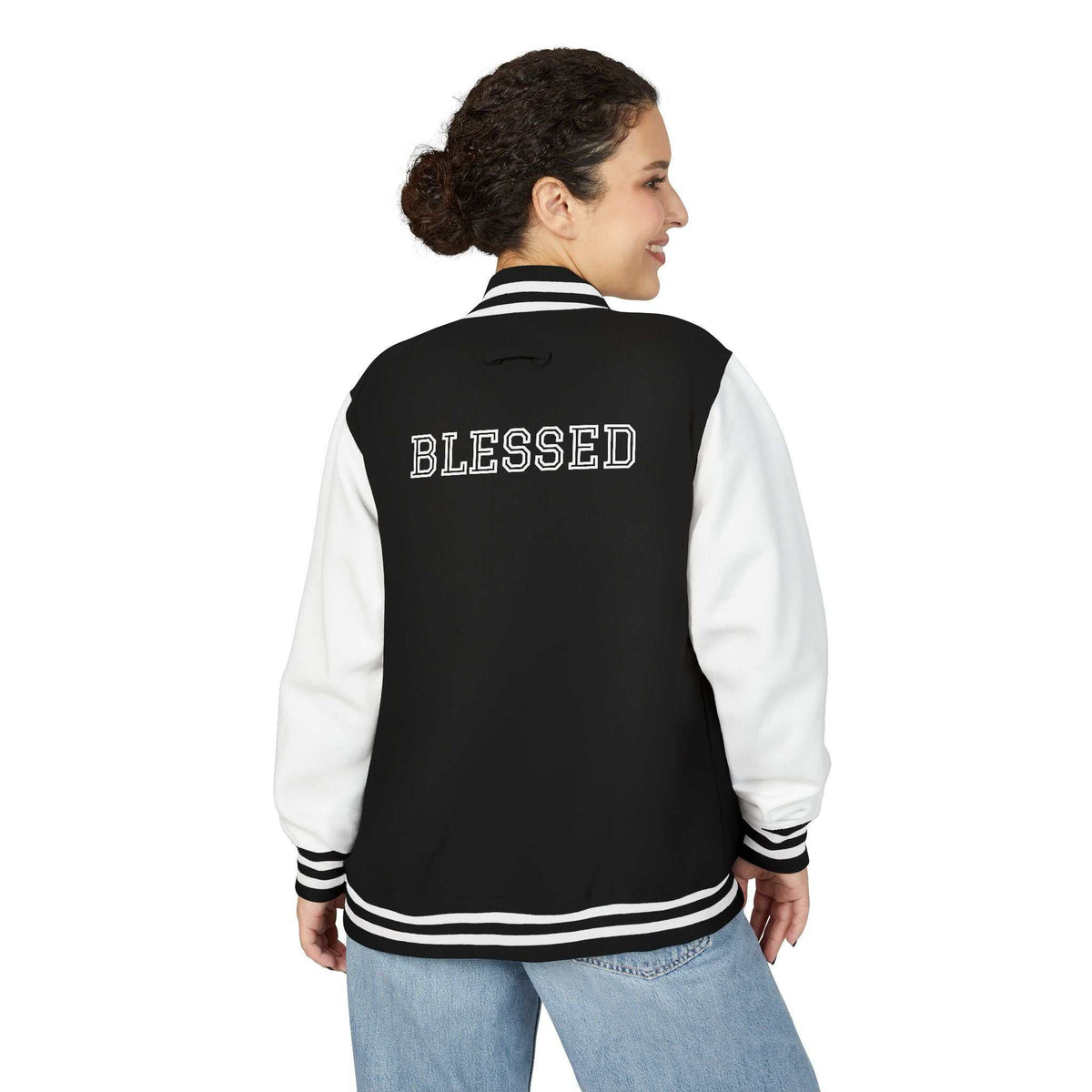 Blessed baseball jacket in cozy fit with faith-inspired design
