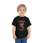 child wearing black Warrior of Faith T-Shirt with horse and armor graphic and faith message