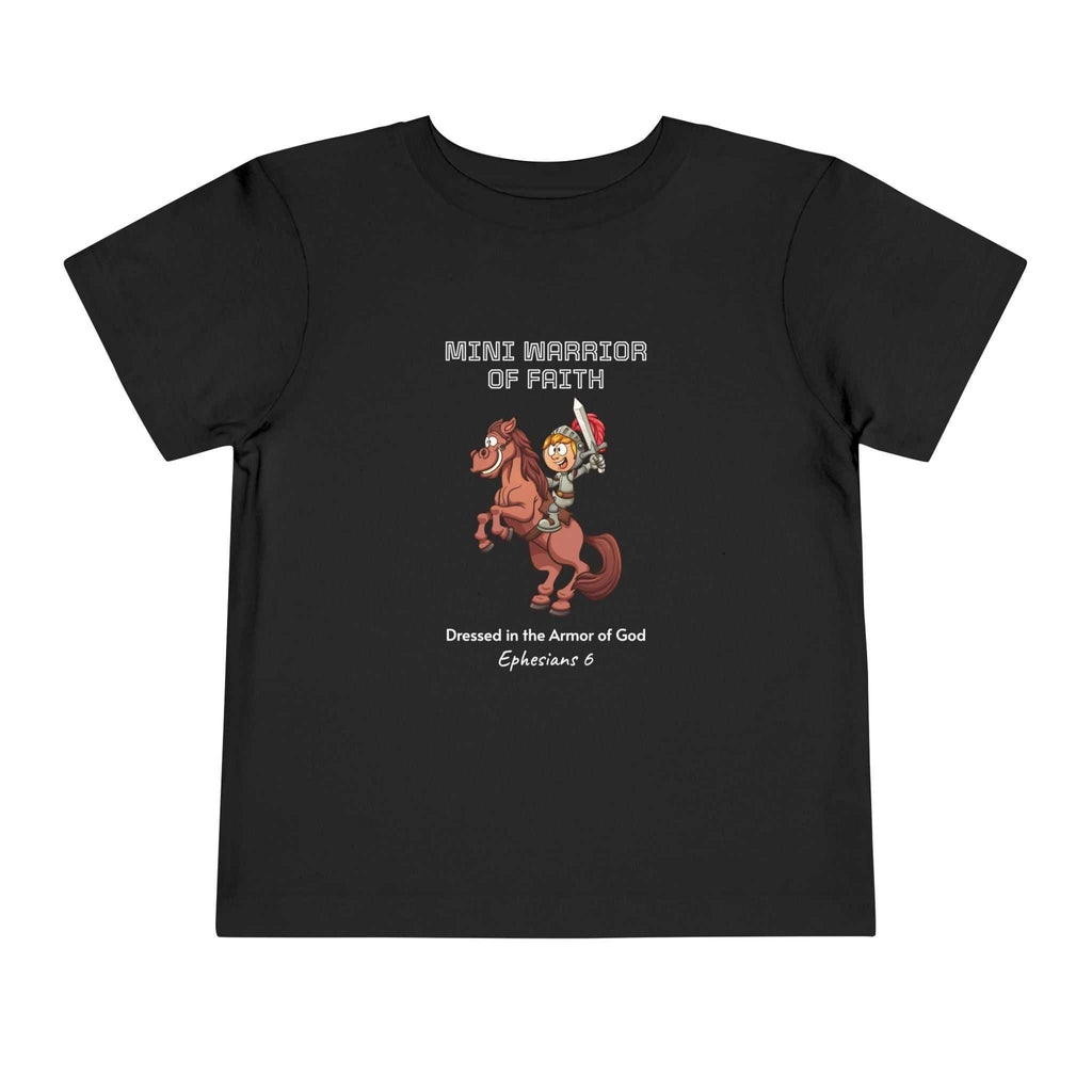 Black Warrior of Faith T-Shirt with cartoon knight on horse and faith message