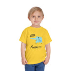 Toddler wearing yellow Faith Over Fear T-Shirt with blue graphic and inspirational text