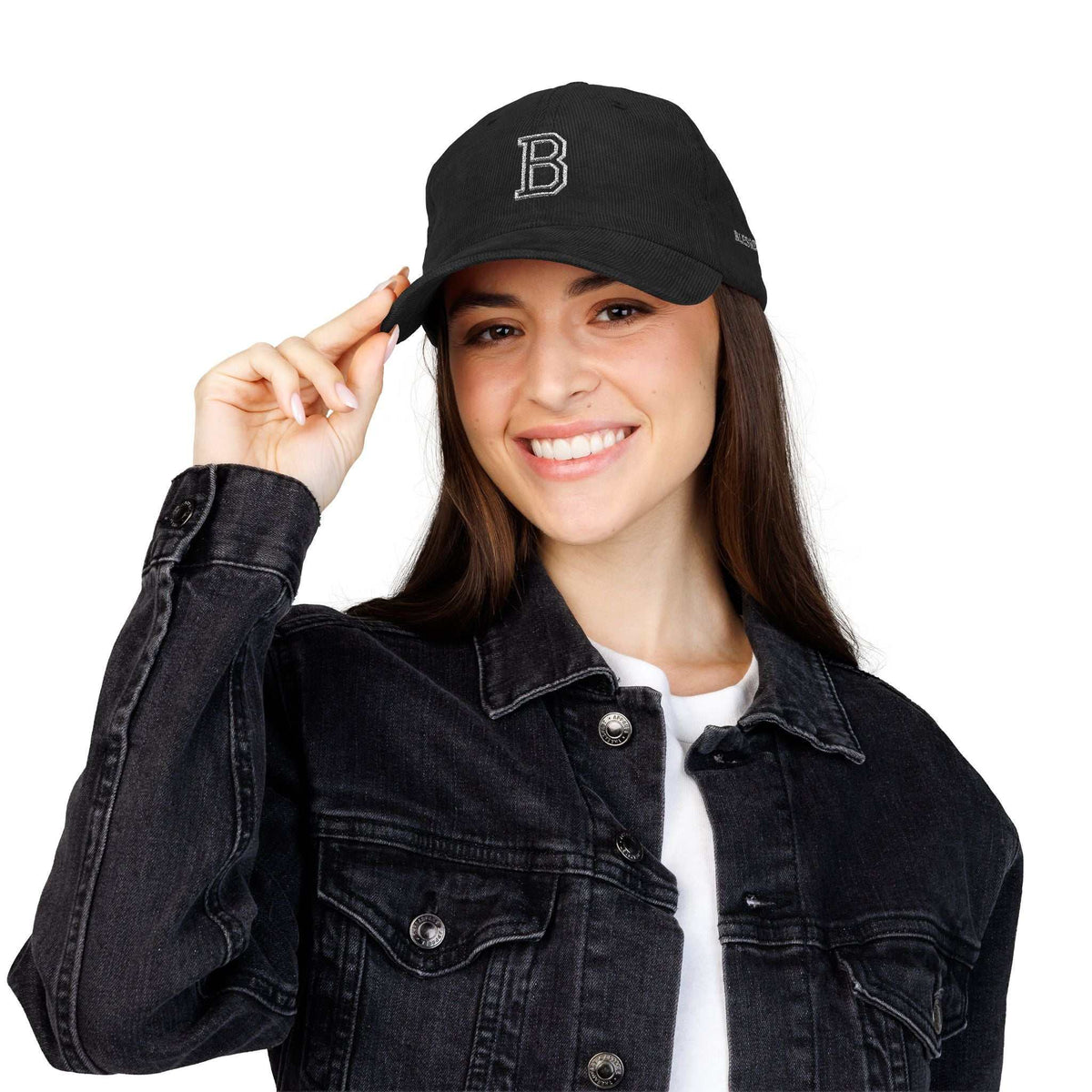 Stylish Blessed B Cap with embroidered B, adjustable strap, and cotton corduroy material