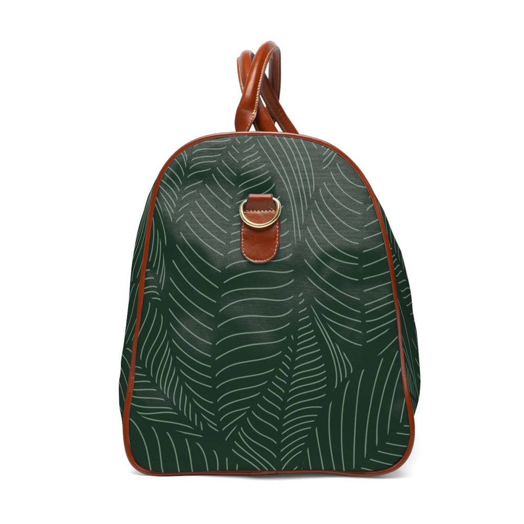 Tropical travel bag with green leaf print, brown PU leather handles
