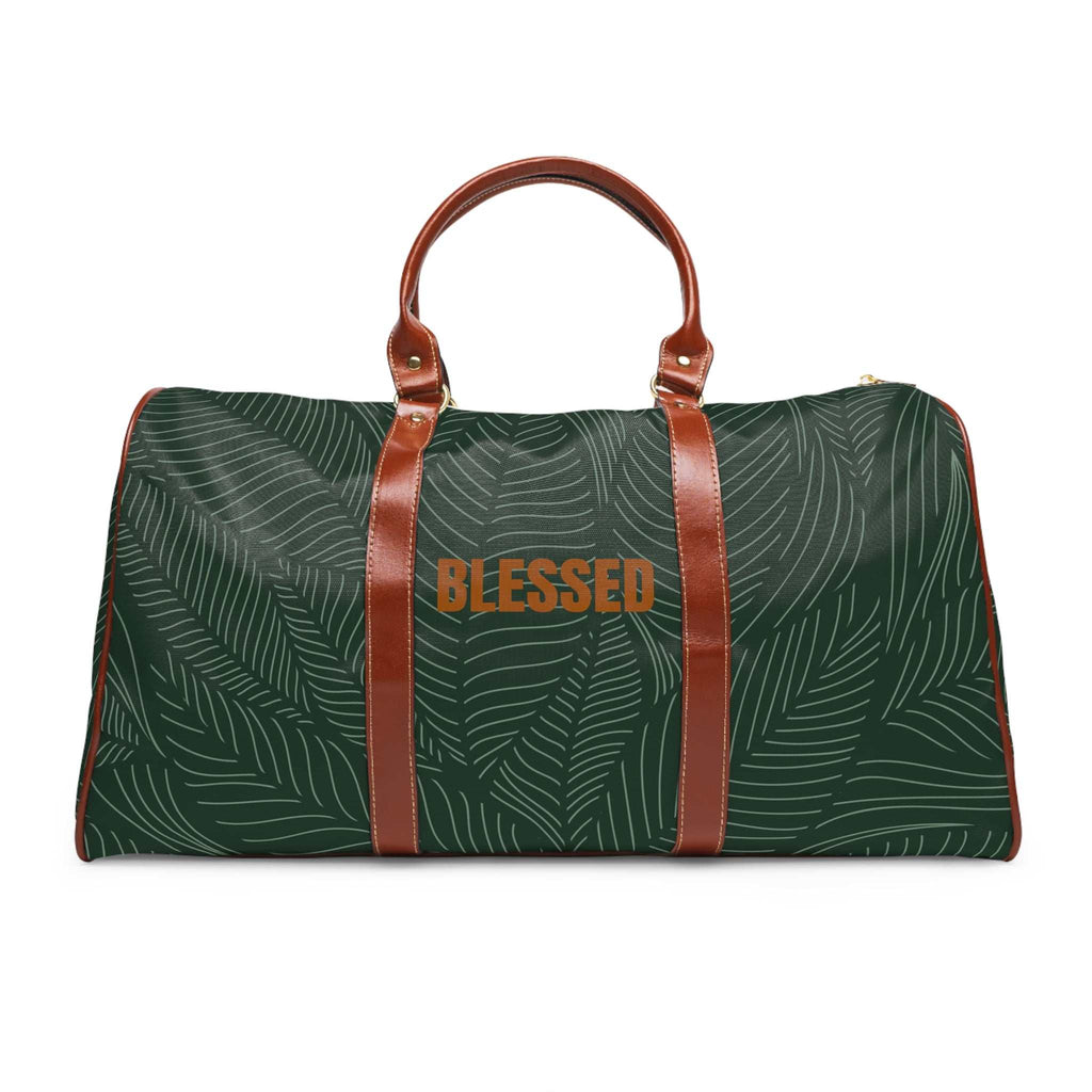 Tropical travel bag with green leaf print with Blessed text