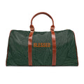 Tropical travel bag with green leaf print with Blessed text