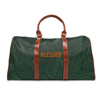 Tropical travel bag with green leaf print with Blessed text