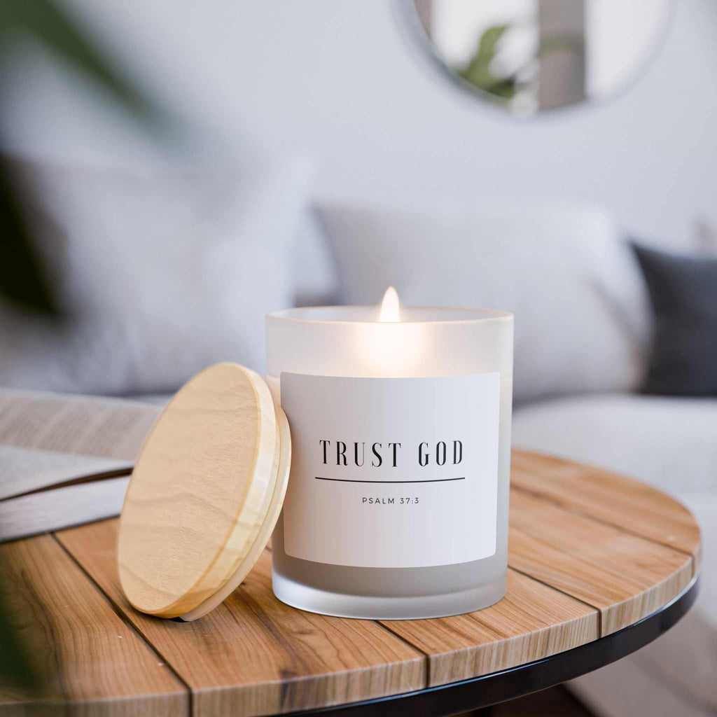 Trust God Candle with wooden wick in frosted glass