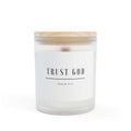 Trust God Candle with wooden wick in frosted glass and maple lid