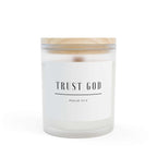 Trust God Candle with wooden wick in frosted glass and maple lid