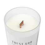 Trust God Candle with wooden wick in frosted glass vessel
