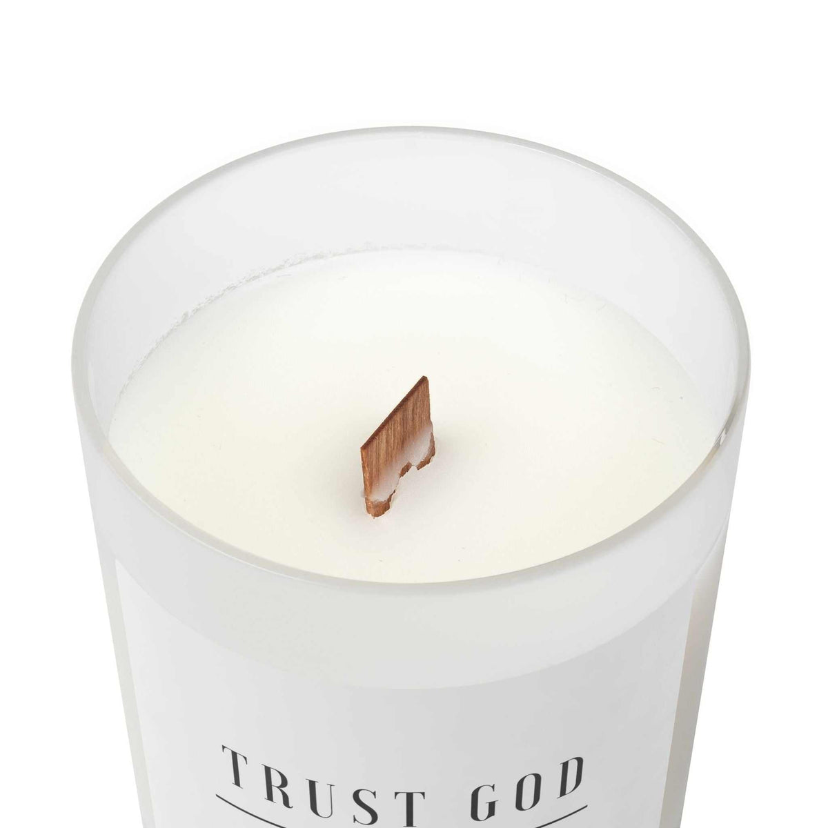 Trust God Candle with wooden wick in frosted glass vessel