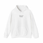 White Amazing Grace hoodie with front pocket and drawstring hood, cotton-polyester blend, classic fit