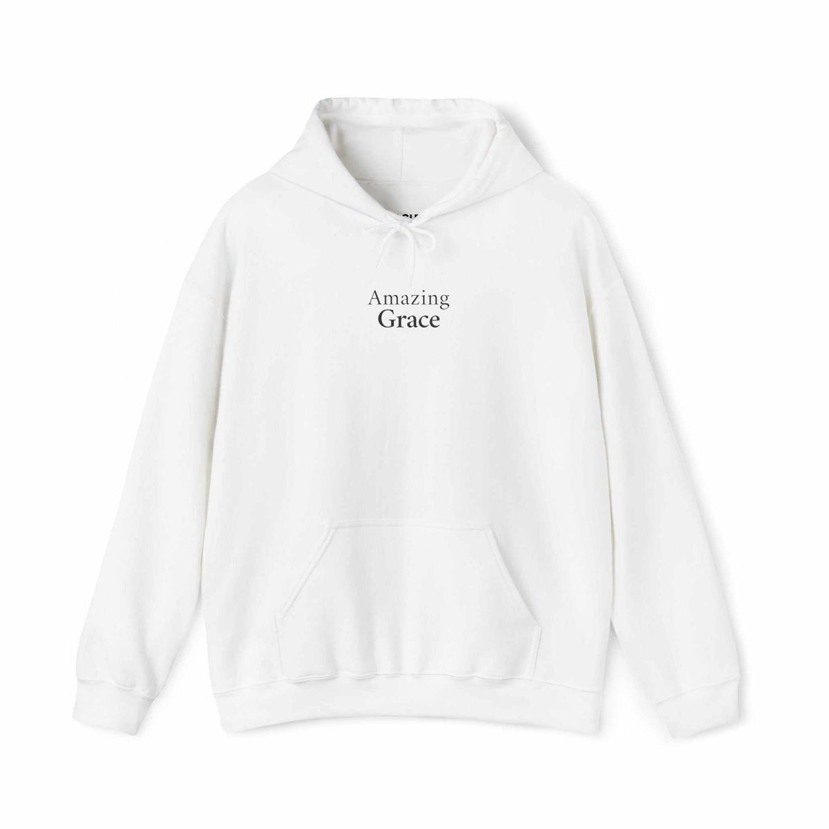 White Amazing Grace hoodie with front pocket and drawstring hood, cotton-polyester blend, classic fit