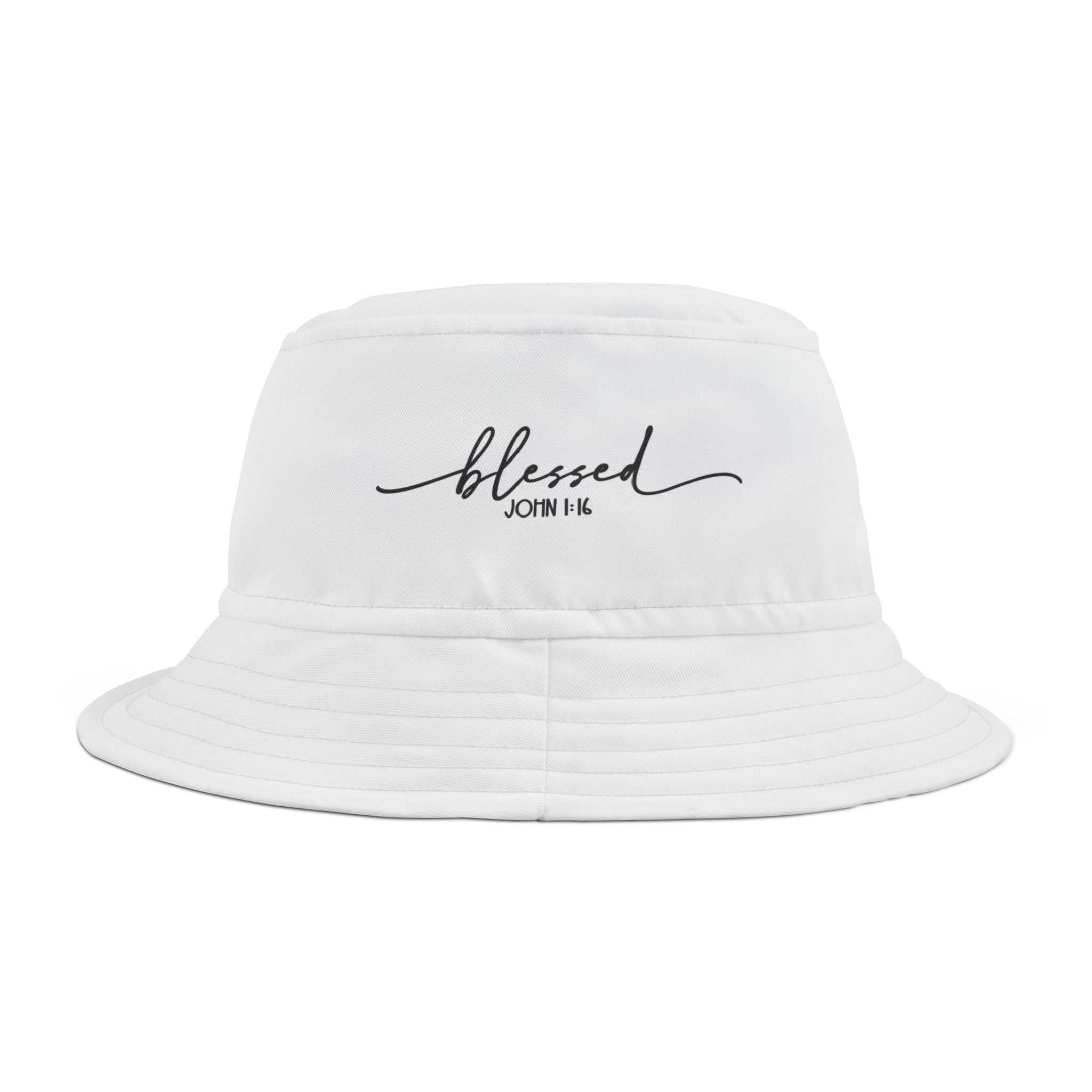 White Blessed Bucket Hat with John 1:16 embroidery