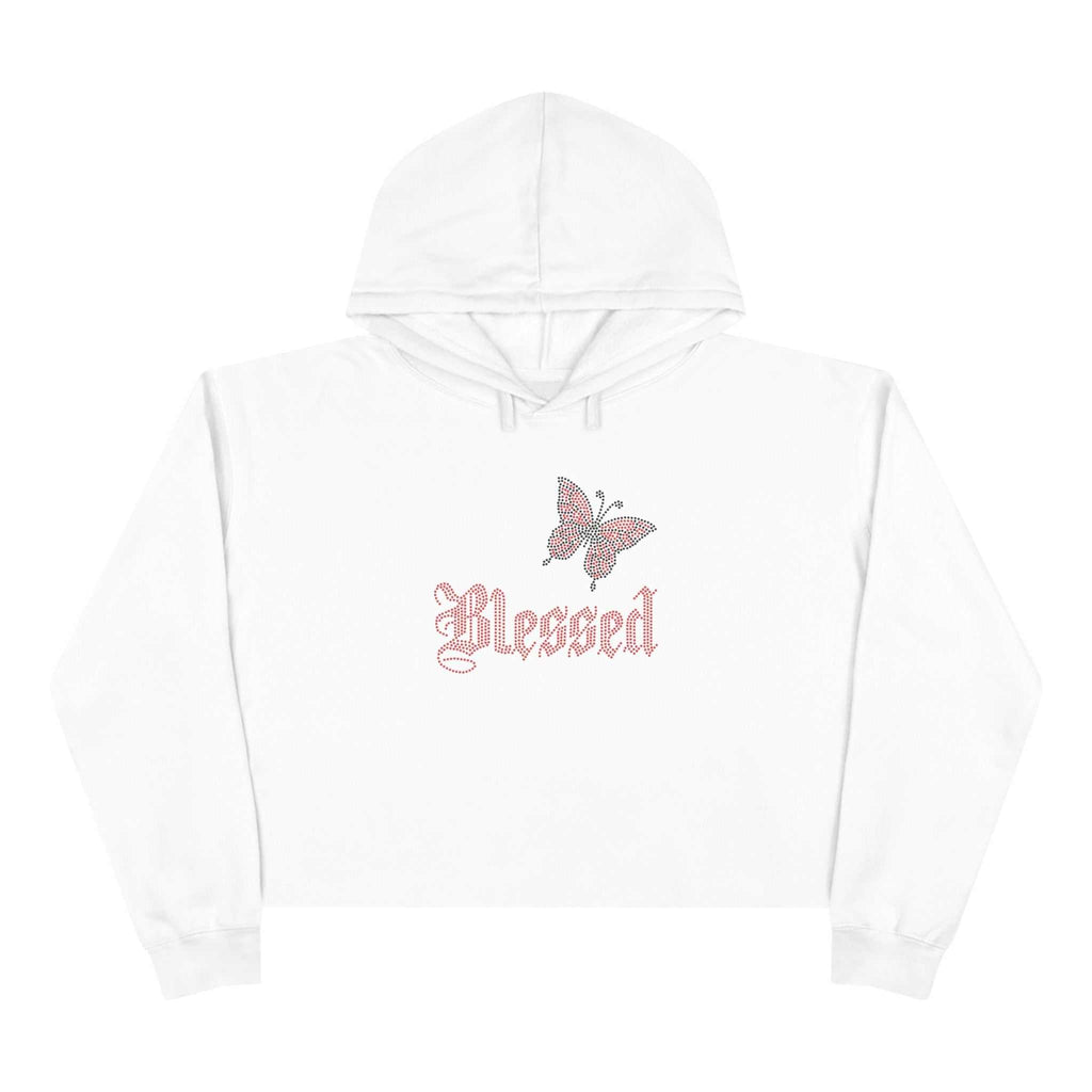 White Blessed Crop Hoodie with butterfly graphic and soft fleece fabric