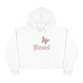 White Blessed Crop Hoodie with butterfly graphic and soft fleece fabric