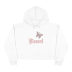 White Blessed Crop Hoodie with butterfly graphic and soft fleece fabric