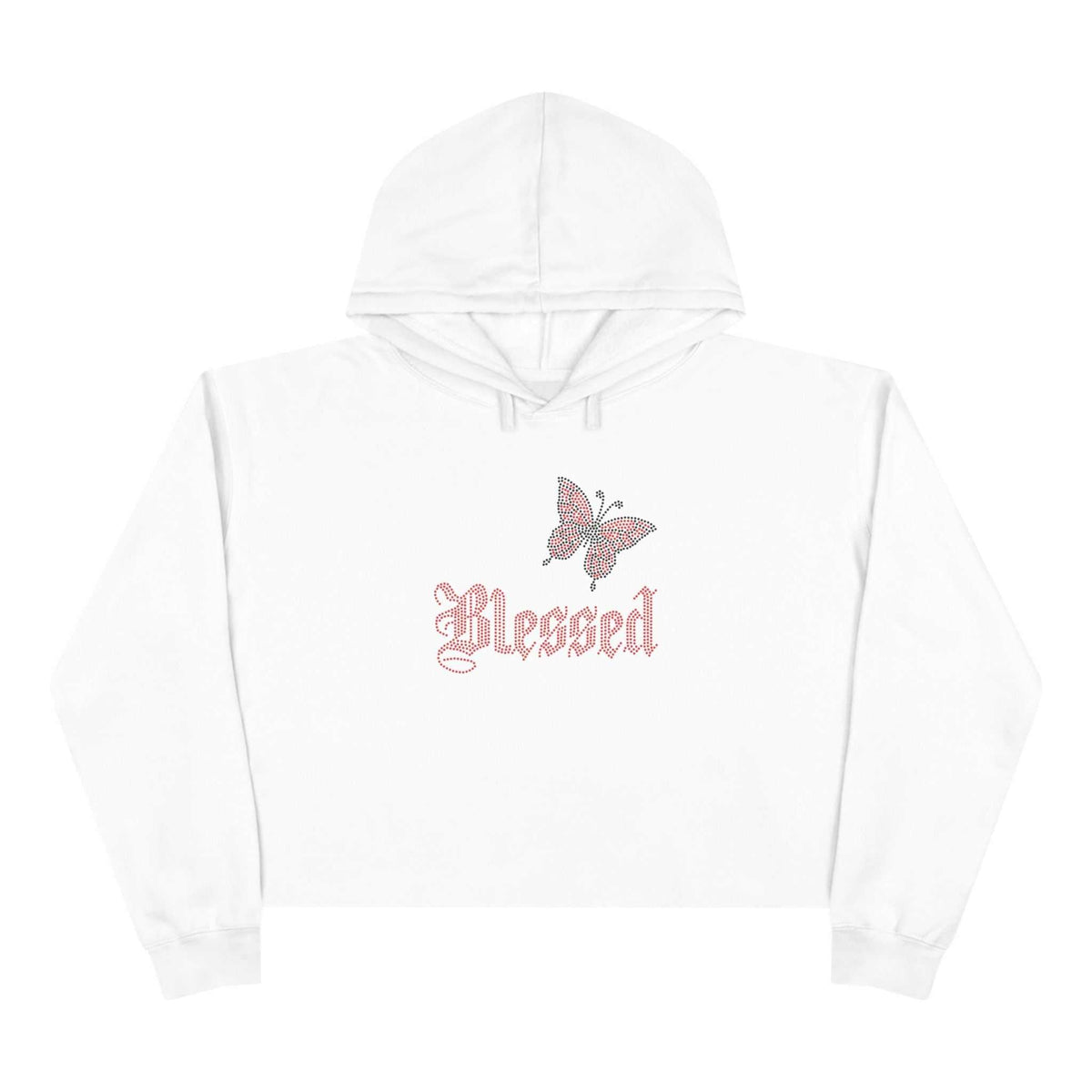 White Blessed Crop Hoodie with butterfly graphic and soft fleece fabric