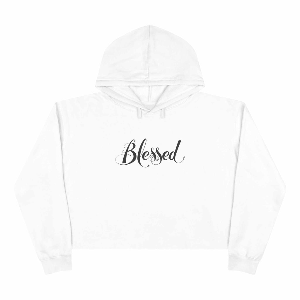 White Blessed Crop Hoodie with soft fleece and stylish script logo