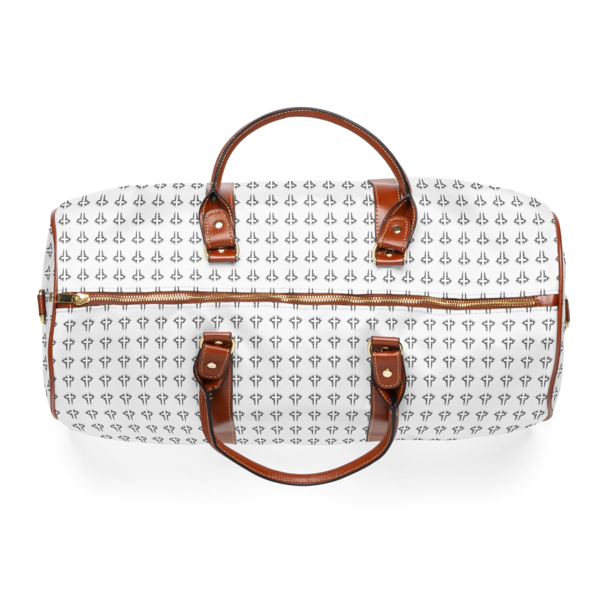 Christian Cross travel bag with brown leather handles and gold zipper on white patterned nylon material