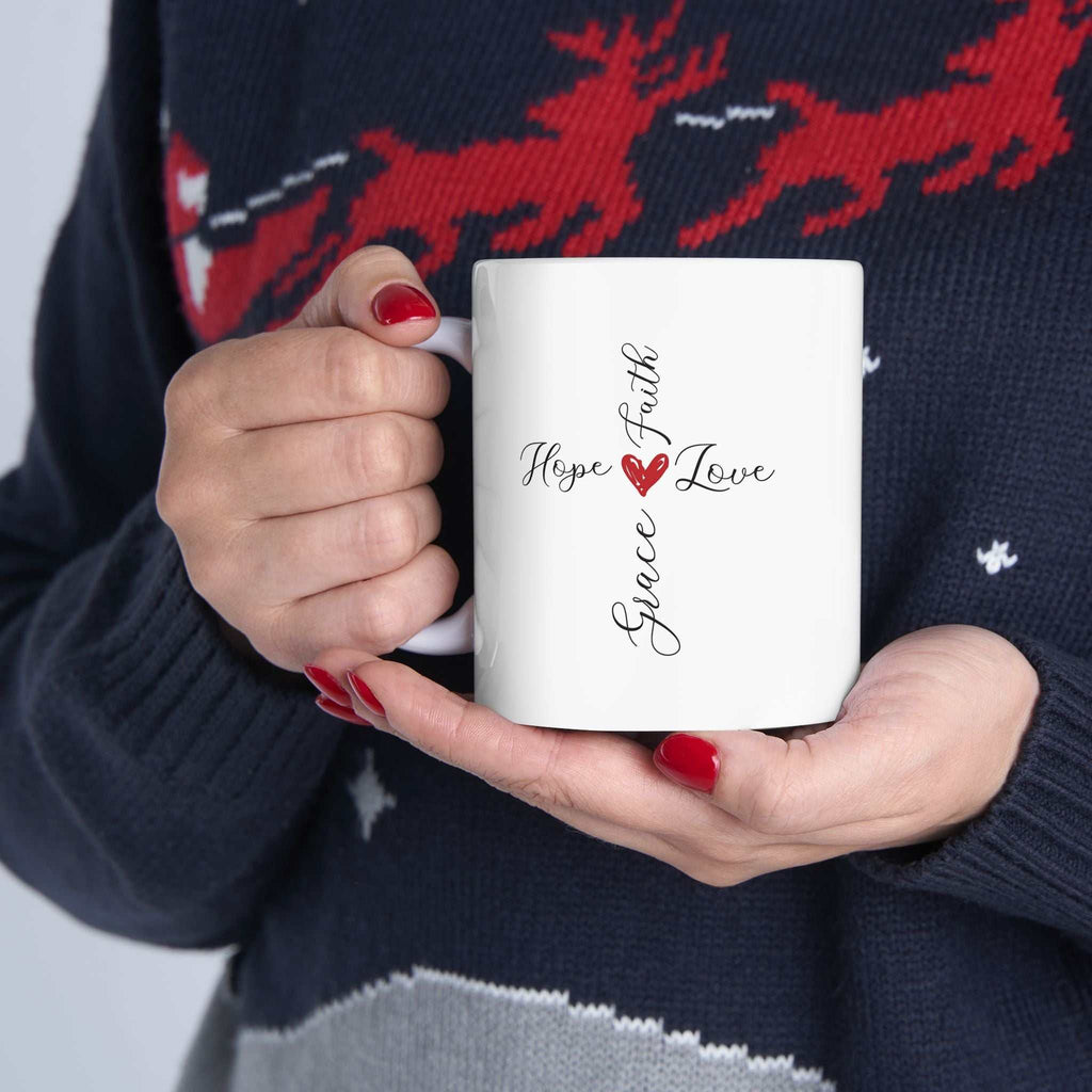 White Christian mug with Hope, Faith, Grace, and Love text design