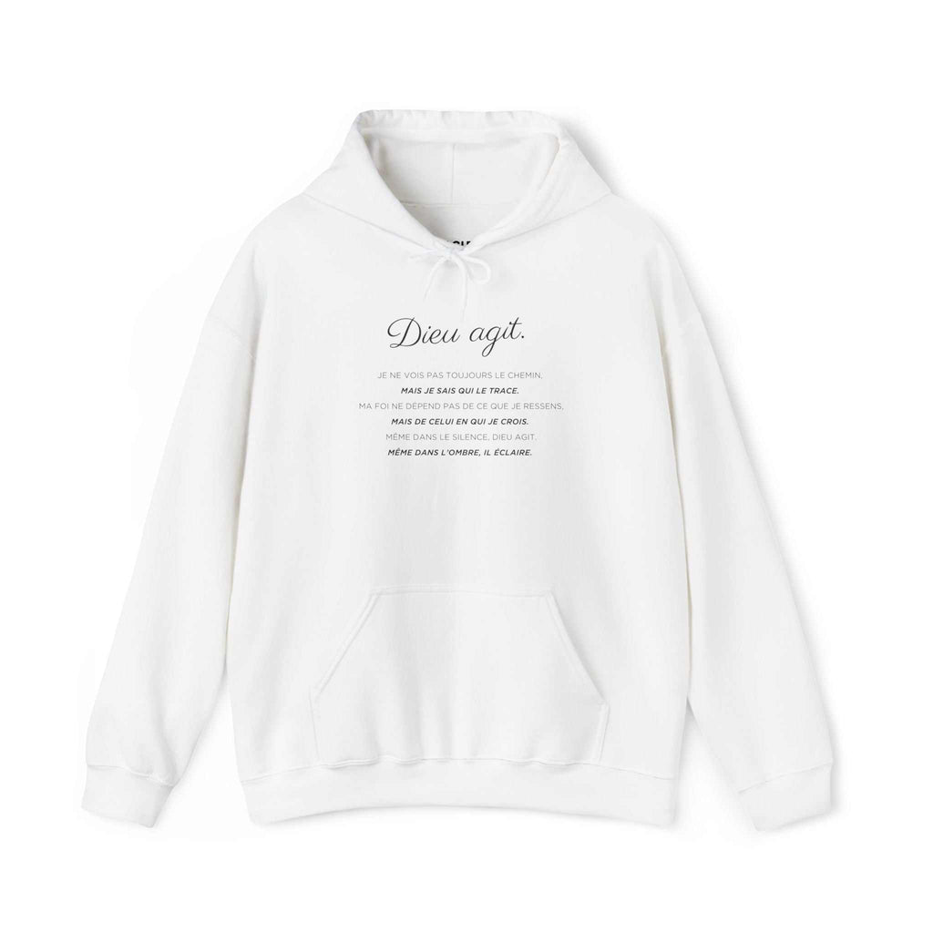White Dieu En Action hoodie with faith-inspired text, classic fit, cotton-poly blend, and tear-away label