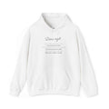 White Dieu En Action hoodie with faith-inspired text, classic fit, cotton-poly blend, and tear-away label