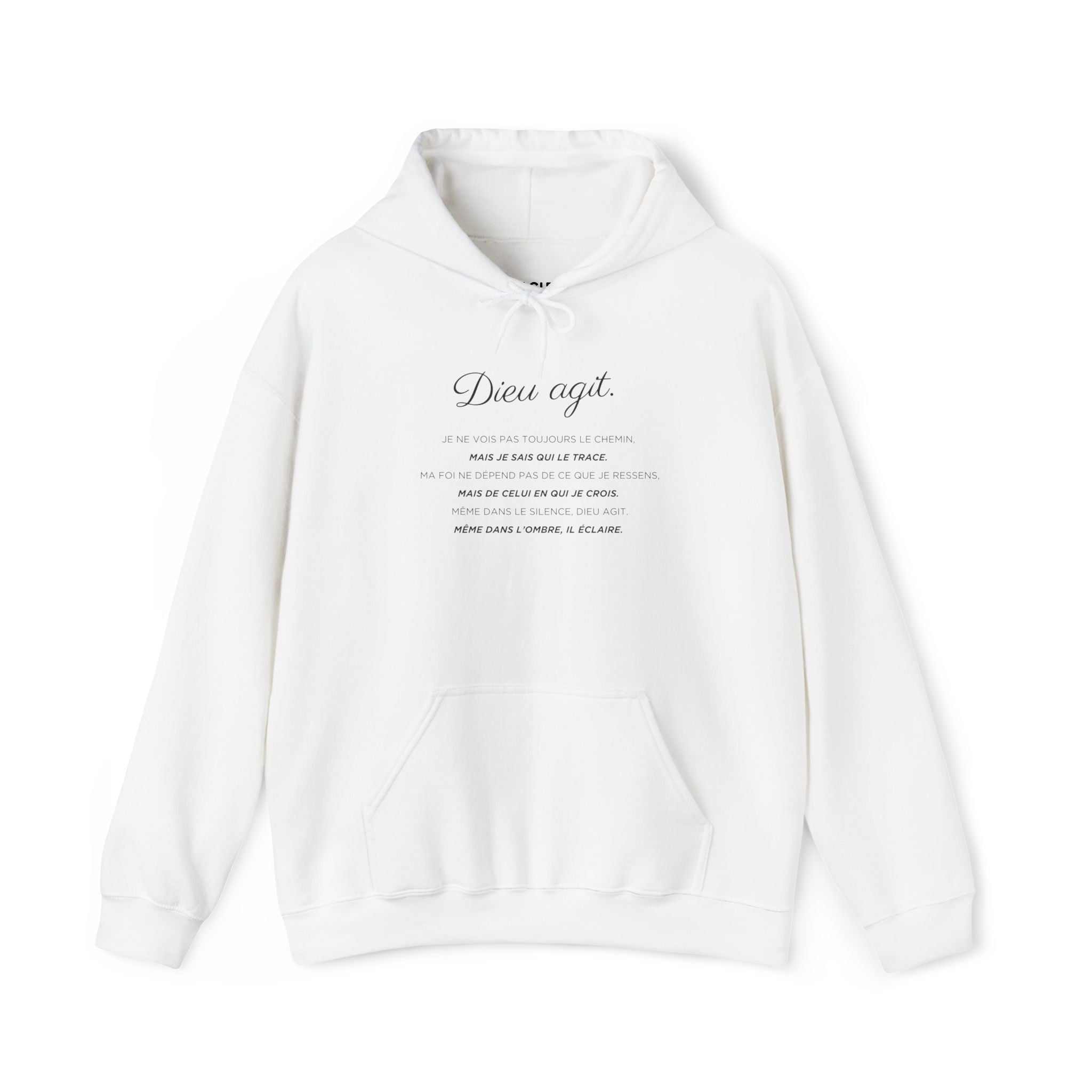 White Dieu En Action hoodie with faith-inspired text, classic fit, cotton-poly blend, and tear-away label
