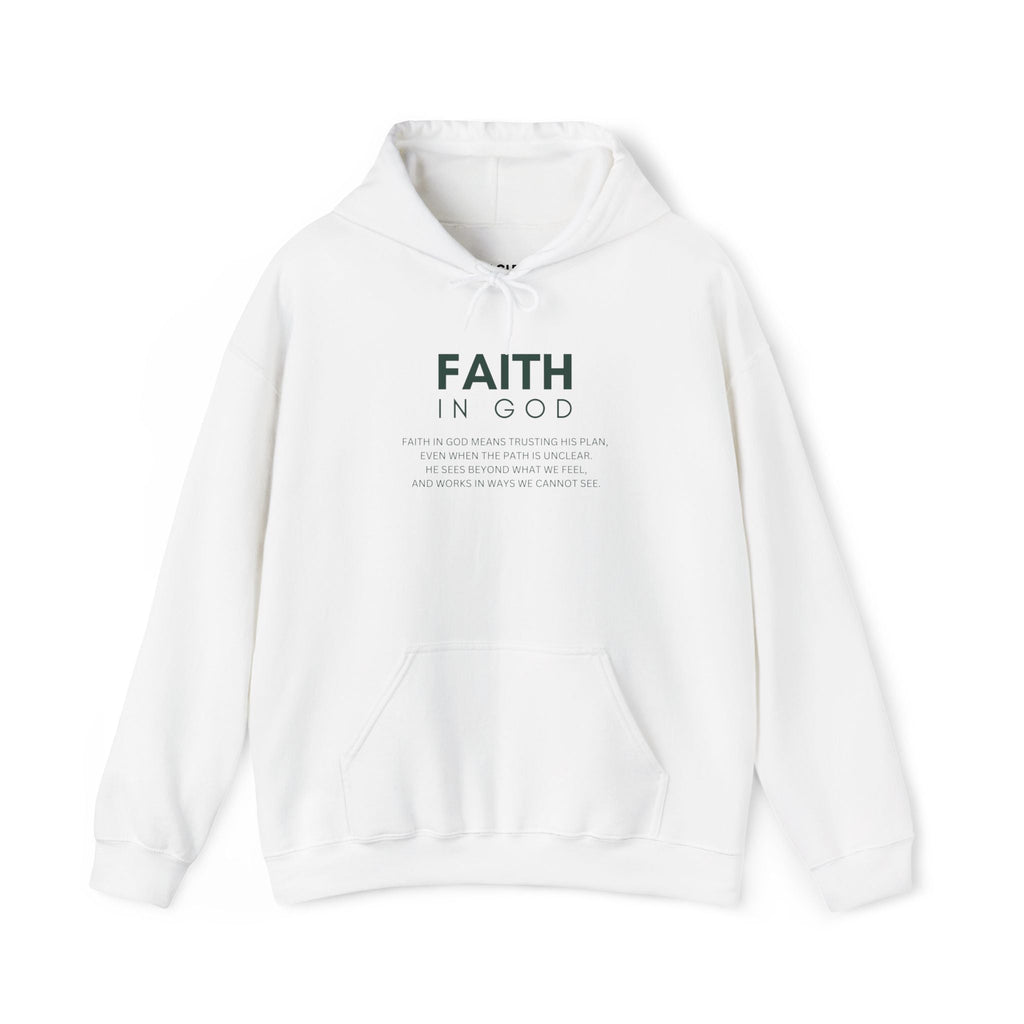 White Faith In God hoodie with bold spiritual message, cotton-polyester blend, classic fit, and front pocket