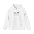 White Faith In God hoodie with bold spiritual message, cotton-polyester blend, classic fit, and front pocket