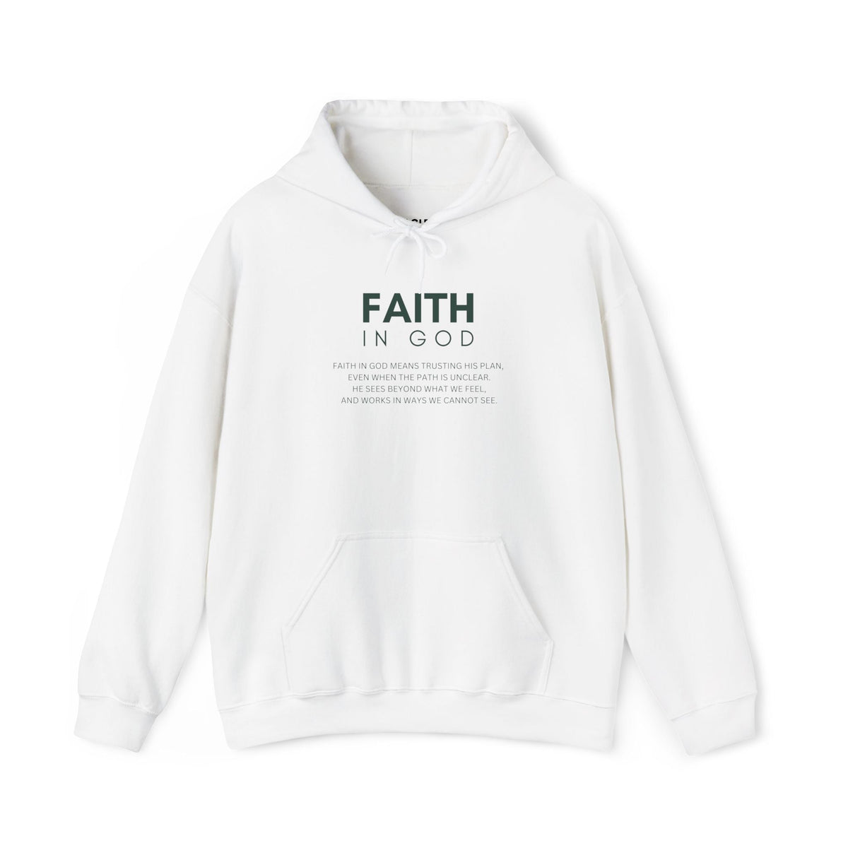 White Faith In God hoodie with bold spiritual message, cotton-polyester blend, classic fit, and front pocket