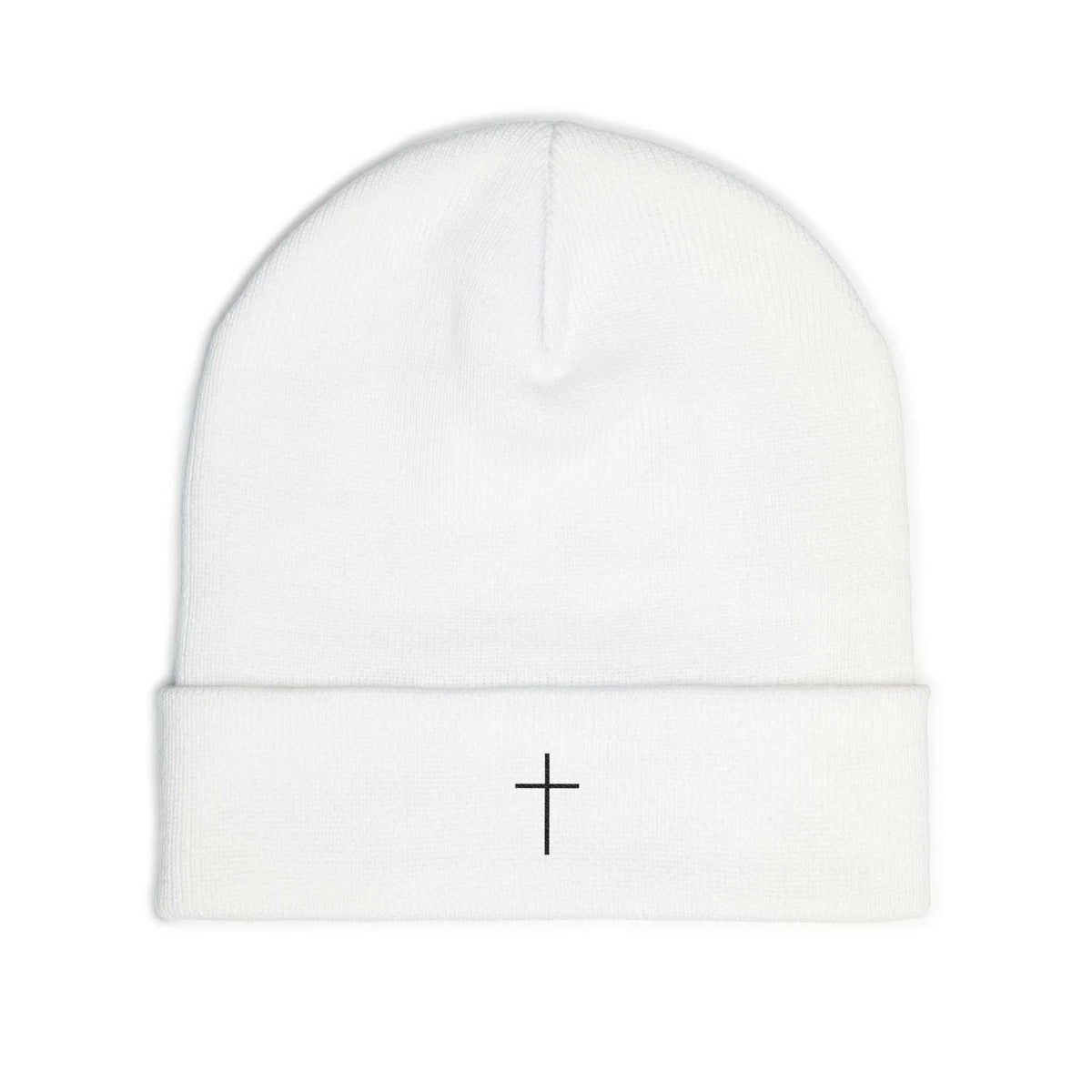 White Faith Knit Beanie with embroidered cross