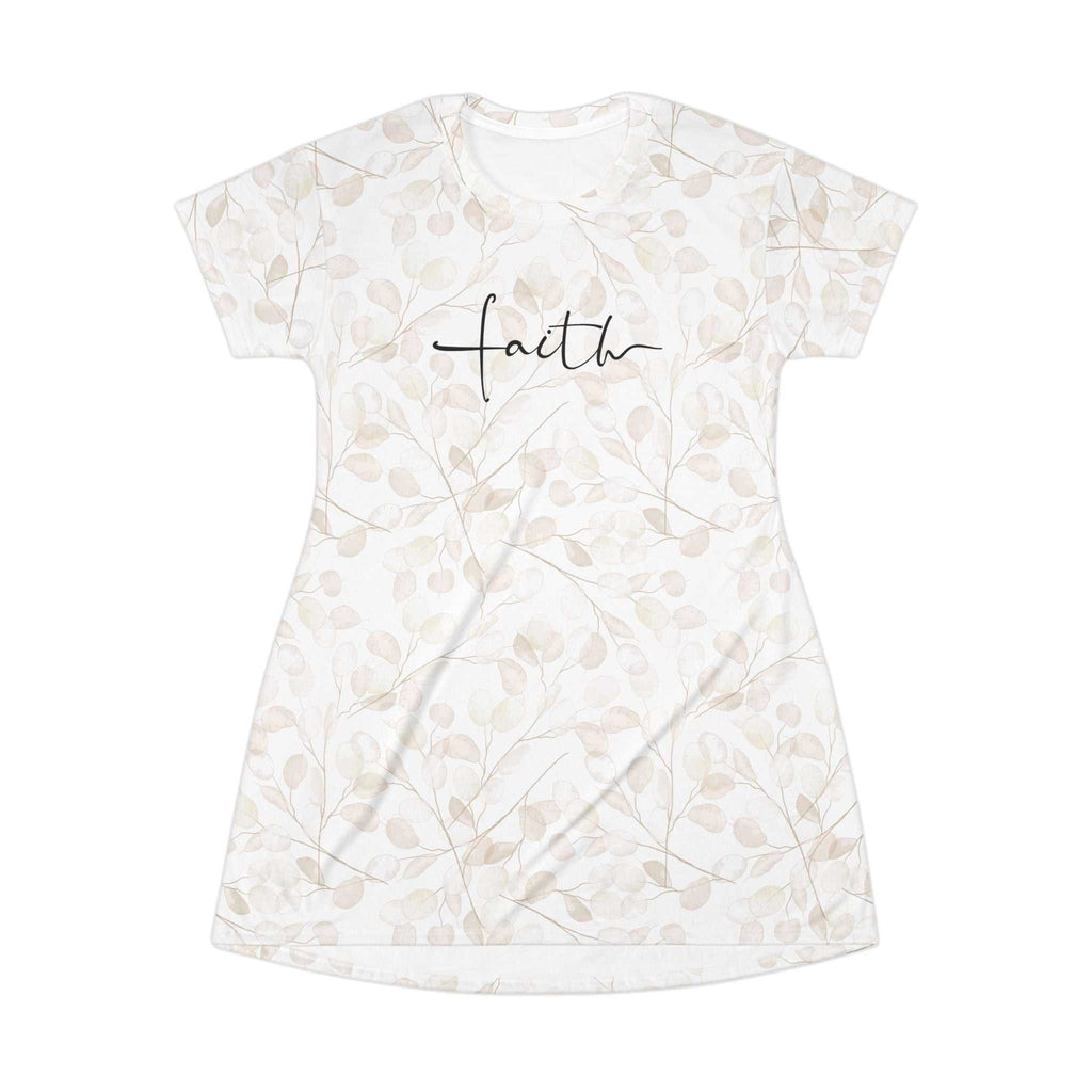 White Faith T-Shirt Dress with beige leaf print