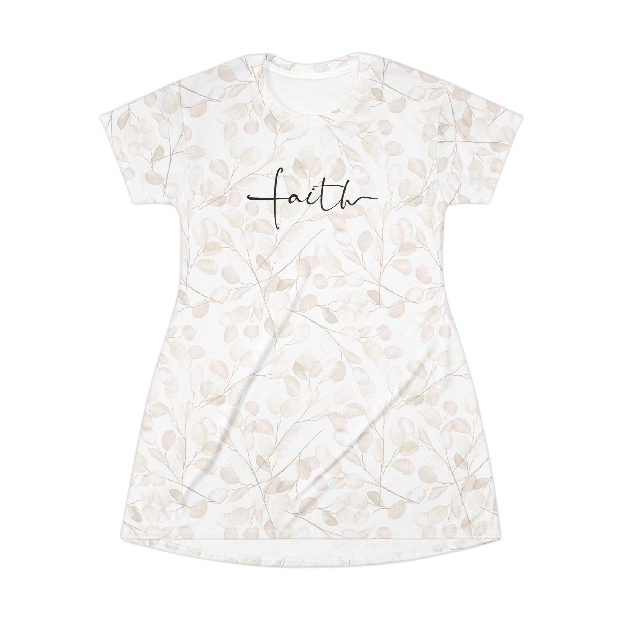 White Faith T-Shirt Dress with beige leaf print
