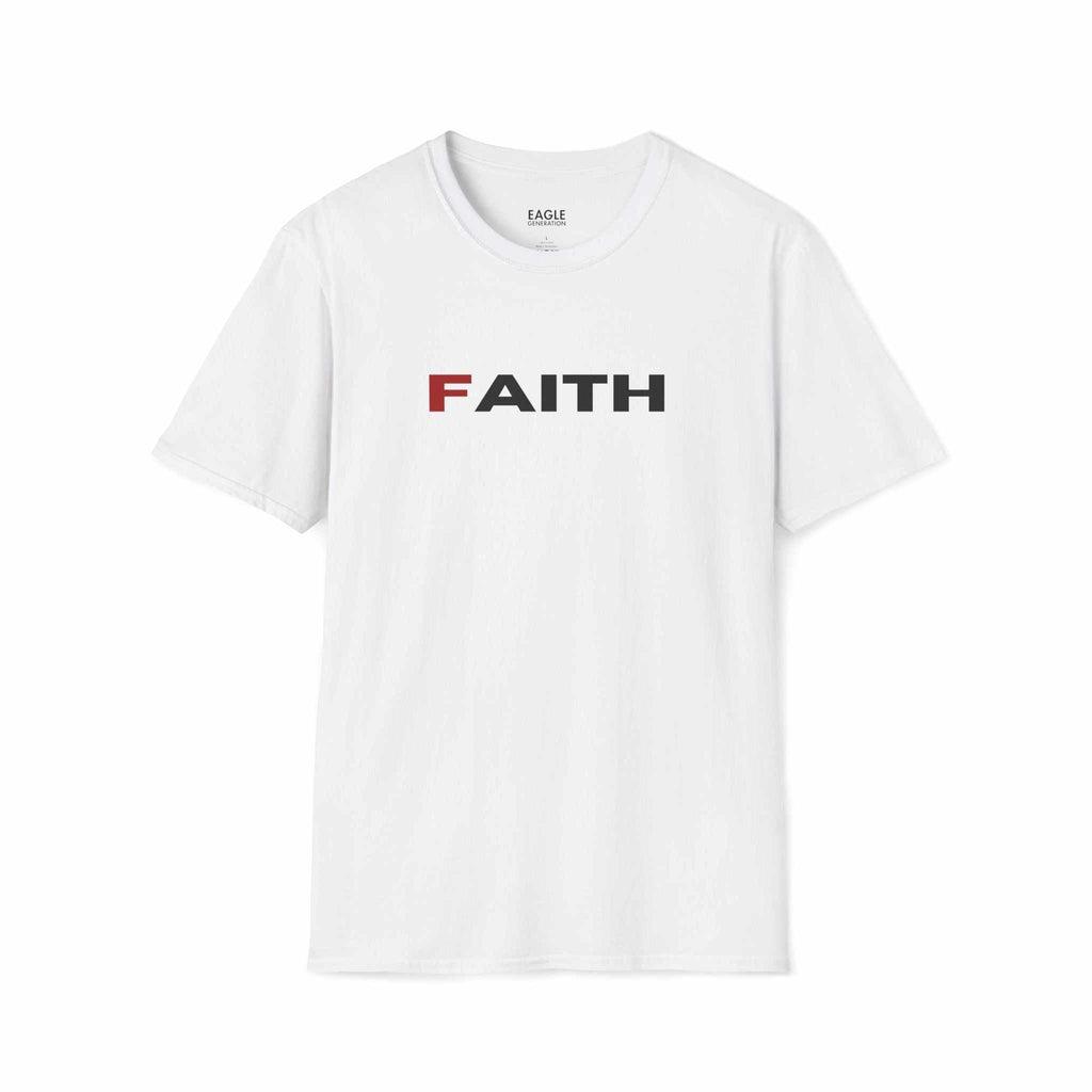 White Faith T-Shirt with bold lettering, 100% cotton, classic fit, tear-away label