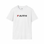 White Faith T-Shirt with bold lettering, 100% cotton, classic fit, tear-away label