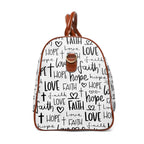 White Faith Travel Bag with black inspirational text