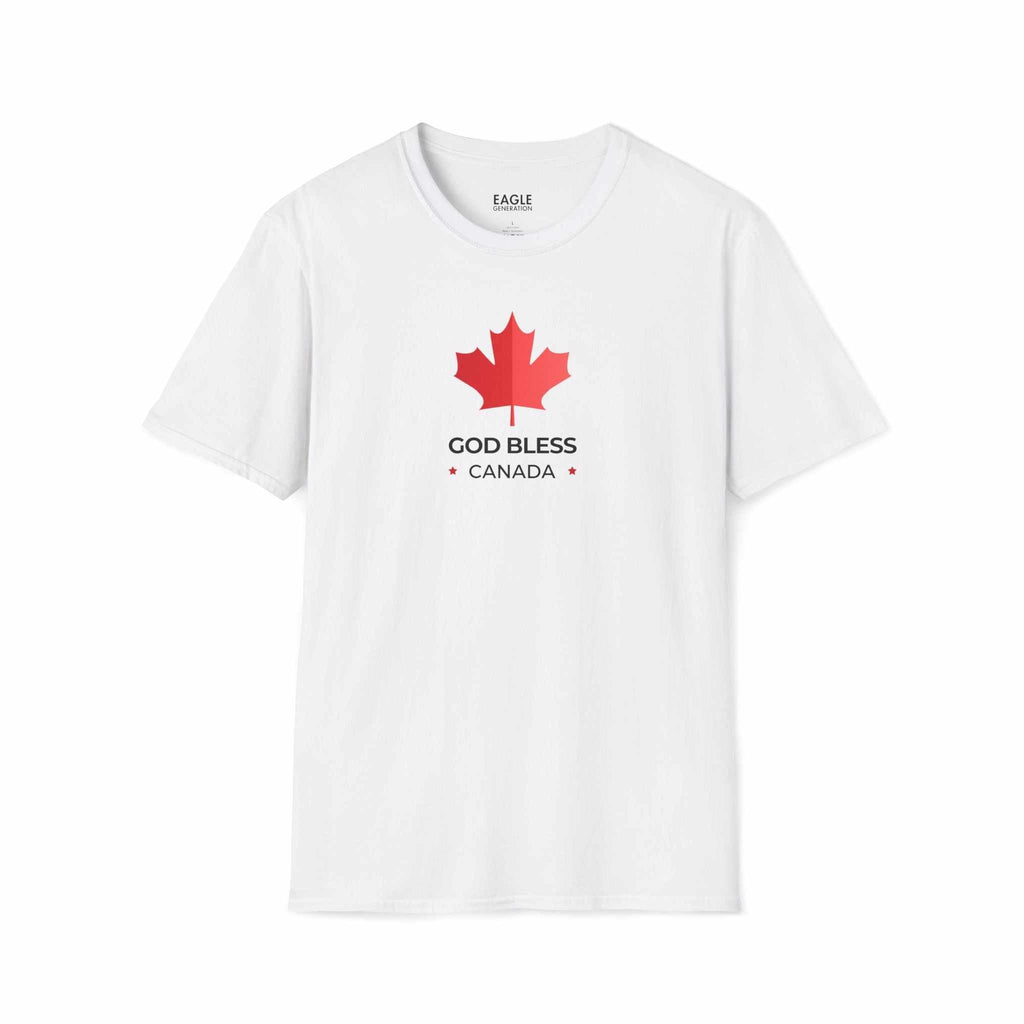 White God Bless Canada T-Shirt with red maple leaf graphic and text