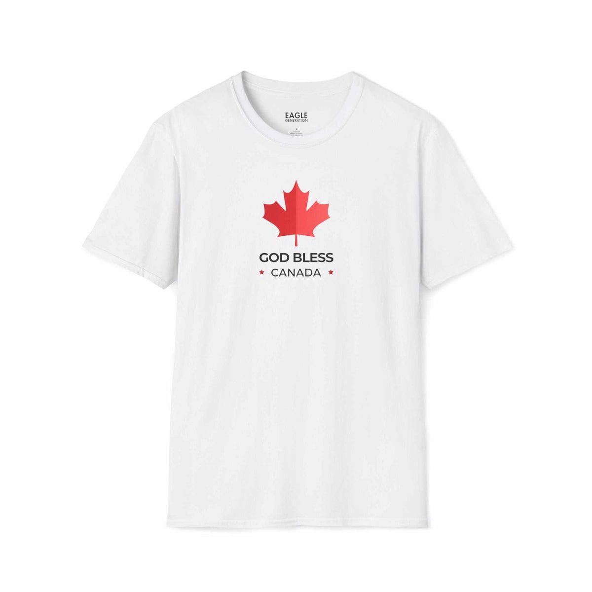 White God Bless Canada T-Shirt with red maple leaf graphic and text
