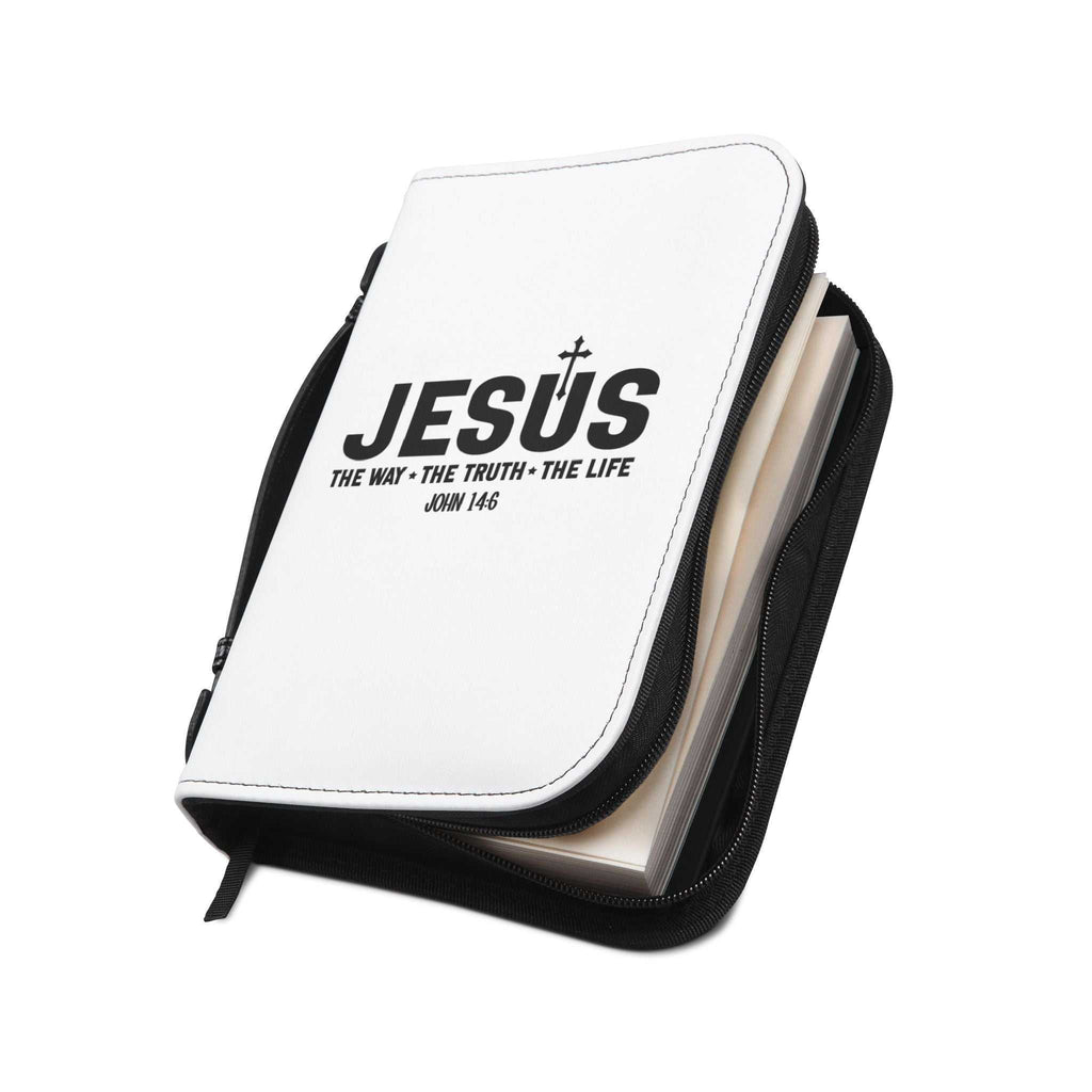 White Jesus Bible Cover with black zipper and handle