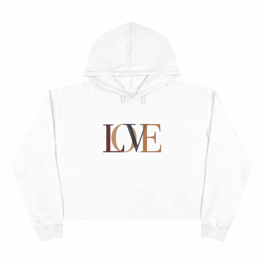 White Love Crop Hoodie with stylish multicolor LOVE print
