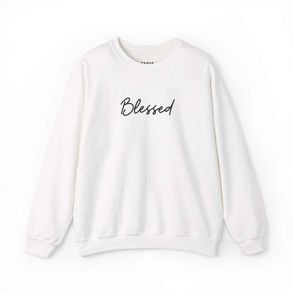 White Sweatshirt with ribbed crewneck and "Blessed" text