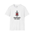 White Warriors of Love T-Shirt with sword and rose graphic