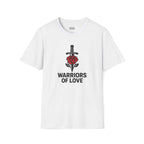 White Warriors of Love T-Shirt with sword and rose graphic