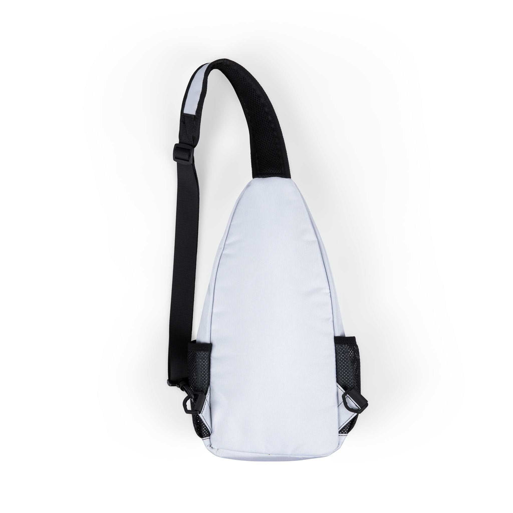 White nylon chest bag with black adjustable strap and mesh side pockets