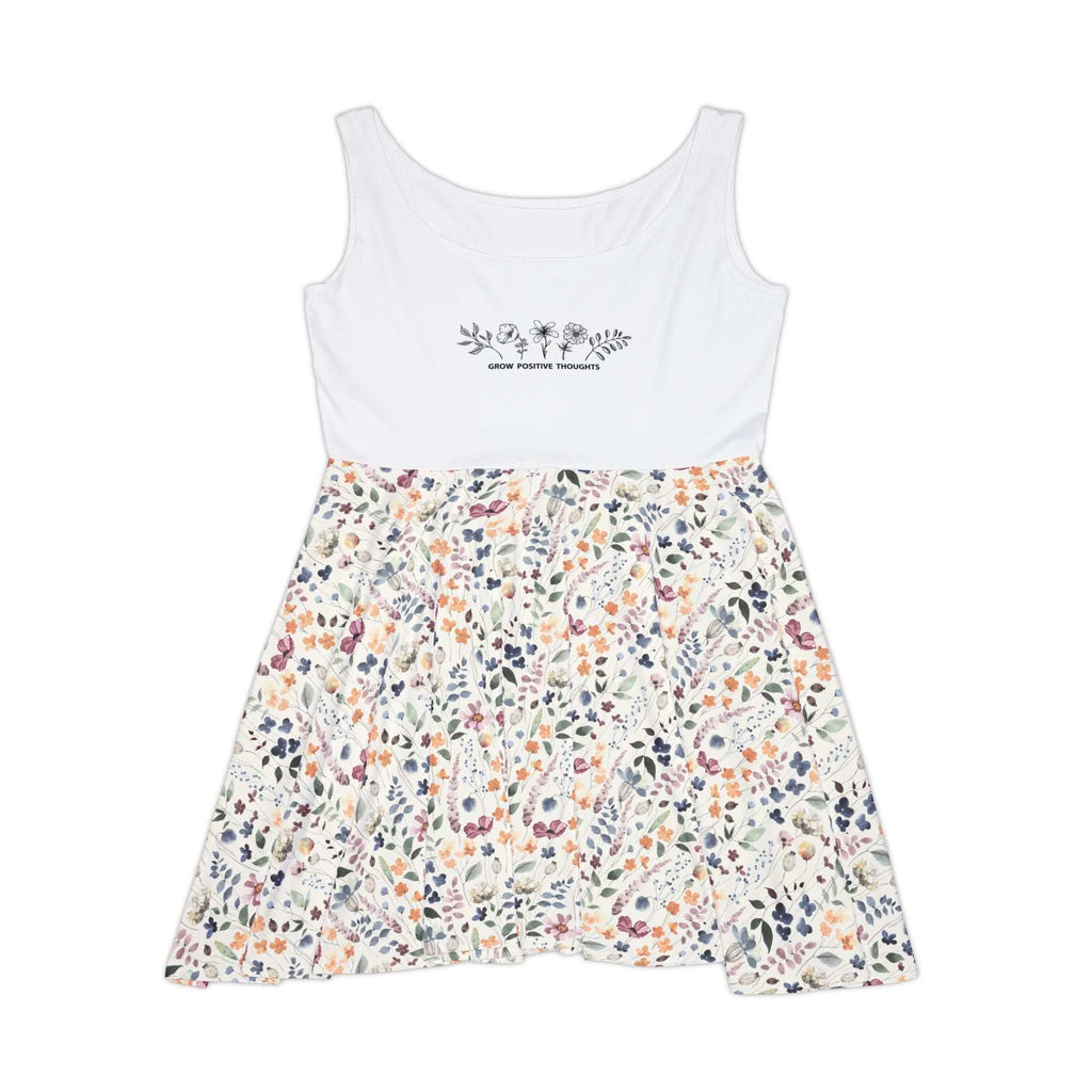 White and floral skater dress with "Grow positive thoughts" text